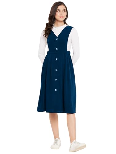 Image of WineRed Women Soild Pinafore Dress with Button