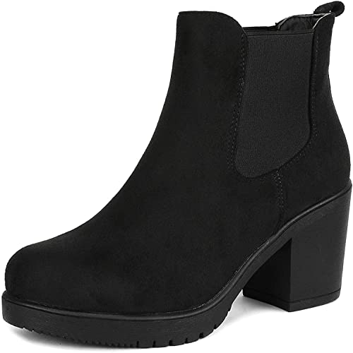 DREAM PAIRS Women's High Chunky Heel Chelsea Ankle Boots Slip On Elastic Fall Heeled Booties Shoes 5 Black
