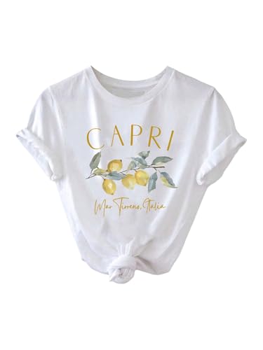 SweatyRocks Women's Lemon Fruit Print Graphic Tees Crew Neck Short Sleeve Casual T Shirt Summer Tops White Small