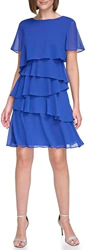 Jessica Howard Women's Chiffon Tiered Style Short Sleeve-Guest of Wedding Dress, Royal, 10 Petite