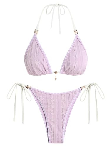 Image of ZAFUL 2 Piece Halter Bikini Sets Hollow Out Triangle Bikini for Women Sexy Bathing Suit High Waisted Side Tie Swimsuits