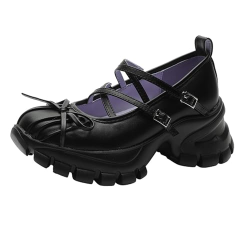 Ballet Sneakers for Woman Leather Trendy Lace Up Chunky Ballerina Platform Heel Wide Box Fancy Casual Ballet Shoes with Bowknot 2025 Spring Summer Daily Walking Footwear