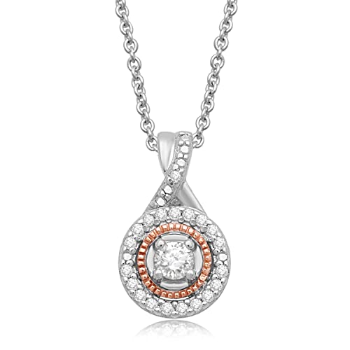 Jewelili Sterling Silver And 10K Rose Gold 1/6 Cttw Natural White Round Diamonds Halo Pendant Necklace, 18" Cable Chain #TOP29