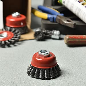 Miniatura 5 de 2 piezas  Cepillo de copa de rueda anudado torcido de 3 pulgadas con eje roscado de 58 pulgadas  11 para amoladora angular, RPM máximo 12,500,