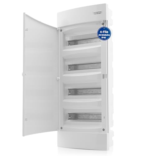 Intratec Caja de Distribución Empotrada 4 Fila – Caja de Distribución IP40 para 48 Módulos con Puerta Blanco y Riel para Instalación Eléctrica Fácil en Casa y Negocios – 676 x 283 x 106mm