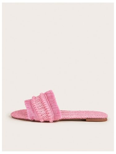 Image of OYOANGLE Women's Fringe Straw Sandals Crochet Open Toe Single Band Flat Slip On Sandals
