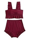 SweatyRocks Women's Scoop Neck Scallop Trim Lace Up Bikini Swimsuit Beach Wear Maroon M