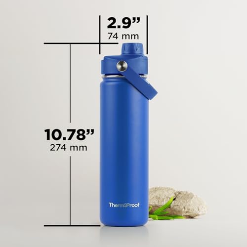 Image of ThermoProof Double-Walled Vacuum Insulated Stainless Steel Water Bottle - Wide Mouth with Chug & Spout Lids, Dishwasher Safe, Reusable, Leakproof, Hot & Cold for Men, Women & Kids - 22oz, Blue