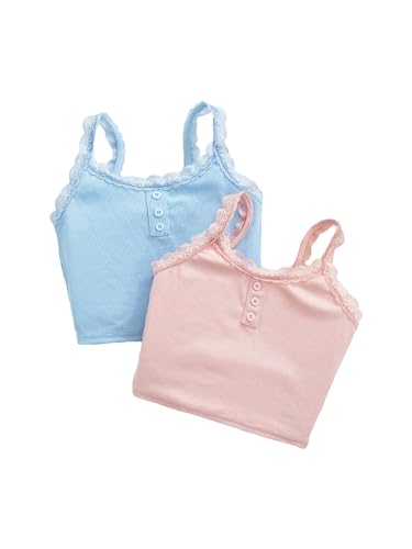 Milumia Girl's 2 Pack Cute Lace Trim Ribbed Camisoles Button Front Cami Crop Tops