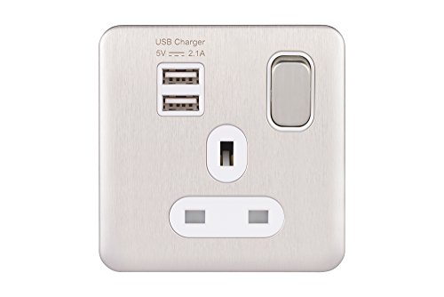 Schneider Electric GGBL30102USBAWSSS Schneider Electric Lisse Screwless Deco 1G 13A Sw SO SP w/ 2USB WSS, 240 V, Stainless Steel