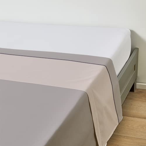 Duquennoy & Lepers - Drap Plat 2 Personnes - Bicolore - Percale 80 Fils - Finition Biais- Plusieurs Tailles et Couleurs (240 x 300 CM, Gris / Beige) Cover