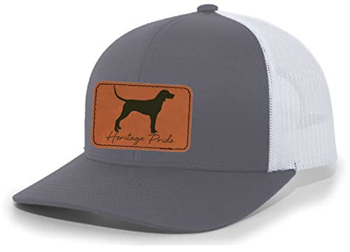 Heritage Pride Canine Collection Redbone Coonhound Deer Hunting Dog Mens Engraved Leather Patch Mesh Back Trucker Hat, Charcoal/White