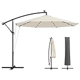Outsunny 3 m Cantilever Parasol with Solar LED Lights, Garden Umbrella with Protective Cover and Wind Ropes, Hanging Offset Banana Parasol with Cross Base and Crank Handle, Cream White