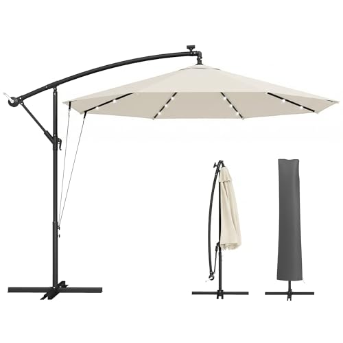 Outsunny 3 m Cantilever Parasol with Solar LED Lights, Garden Umbrella with Protective Cover and Wind Ropes, Hanging Offset Banana Parasol with Cross Base and Crank Handle, Cream White