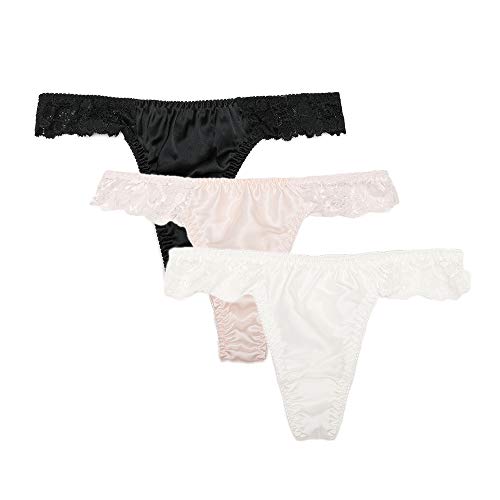 3 Pack Women's Lace 100% Pure Silk G String Thongs Fine Satin Fabric Slim Panties (White And Black And Pink, M) #TOP2