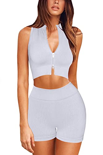 Qinsen Yoga Shorts For Women Butt Lifting Ribbed 2 Piece Yoga Outfit Sport Shirt Gmy Fitness Wokrout Sets White M #TOP4