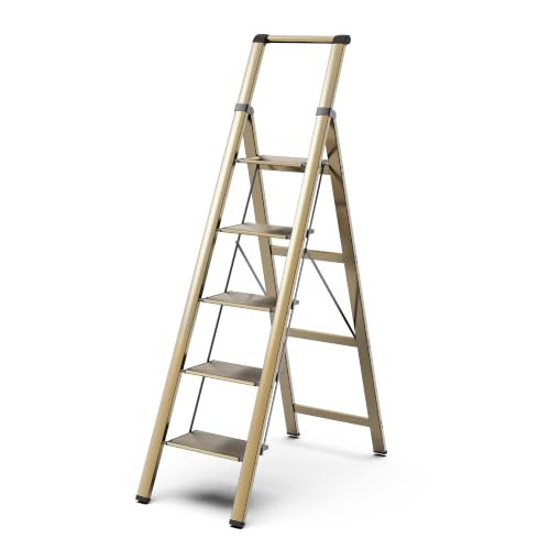 Image of 5 Step Ladder for 10 Feet High Ceiling, Lightweight Aluminum Folding Step Stool with Convenient Handgrip, Stepladders with Anti-Slip and Wide Pedal for Home Use Space Saving - Gold