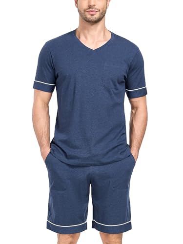 COLORFULLEAF Men's 100% Cotton Pajama Set Short Sleeve Button Down Sleepwear Soft V-neck Lounge Pjs with Pockets