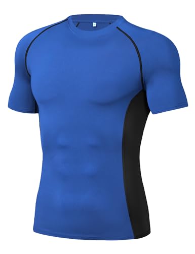 Wayleb T-Shirt Tecnica Uomo, Maglietta Compressione Manica Corta, Asciugatura Rapida e Antisudore, per Outdoor, Palestra, Blu, XXL