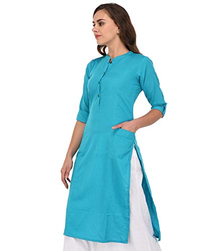 Image of Pistaa's Women's Cotton Relaxed Fit Straight Solid Kurta With Two Patch Pockets
