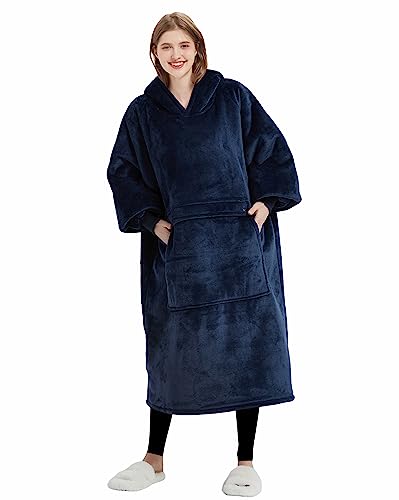 Image of KFUBUO Wearable Blanket Hoodie for Adults With Pocket Navy Extra Long | Sherpa, Fuzzy Blanket Hoodie, Oversized Sweatshirt Blanket, Kangaroo Pouch, Cute Birthday Gifts for Women, Cute Stuff