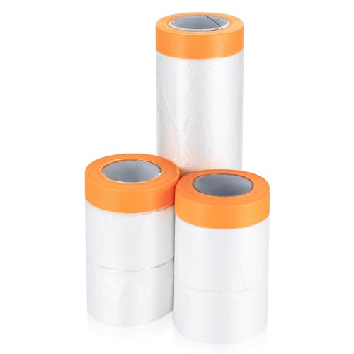 Pre-Taped Masking Film, 2 Rolls Dust Sheets for Decorating, Plastic Drop Cloth, Pull Down Drop Sheet Film Roll, Masking Paper for Spraying Painting Car Floor Furniture Covering, 240cmx14 m/55cmx19 m
