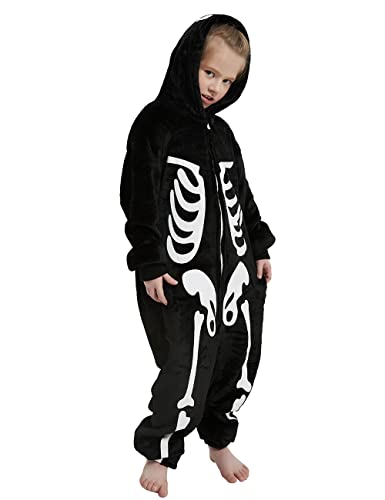 Cubbot Skeleton Costume Kids Onesies Boys Girls One Piece Pajamas Halloween Cosplay Party, Black White, 140 #TOP1