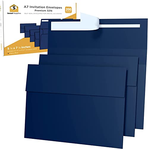 200 5x7 Navy Blue Invitation Envelopes - For 5x7 Cards - A7 - (5 ¼ x 7 ¼ inches) - Perfect for Weddings, Graduation, Baby Shower - 120 GSM - Peel, Press & Self Seal - Square Flap