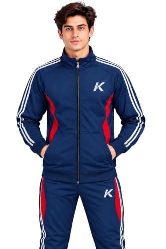 Image of Krystle Men's Tracksuit Set for Gym & Sports | Full Sleeve Zip-Up Track Jacket with Track Pants | Athletic Training & Running Tracksuit Set (Blue,Multisize)