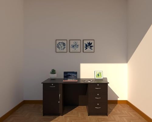 Image of CASPIAN Office /Computer Desk Cum Study Table (Rainforest Dark) | Engineered Wood Pre-Assembled Furniture with 4 Drawers & 1 Storage Cabinet with Key Lock | for Home, Office, Bedroom & Living Room