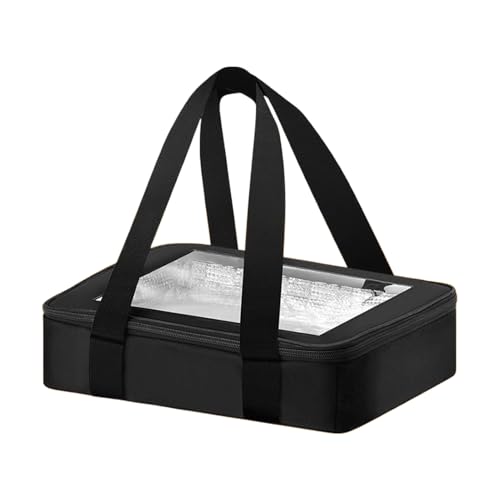 Porta platos calientes – 33 x 27 x 7 cm con aislamiento de alimentos fríos o calientes, portador portátil de aluminio con tapa, térmica doble para cacerola, bolsillo adicional para cubiertos y