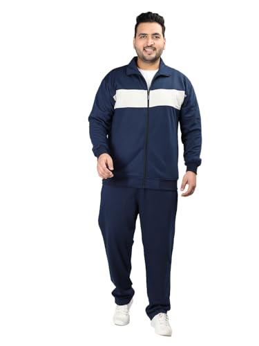 Image of CHKOKKO Mens Plus Size High Neck Winter Tracksuit Full Zip Jacket with Elastic Waist Lower Warm Soft Jogging Suit Activewear Set for Gym Running and Casual Wear NavyEcru L