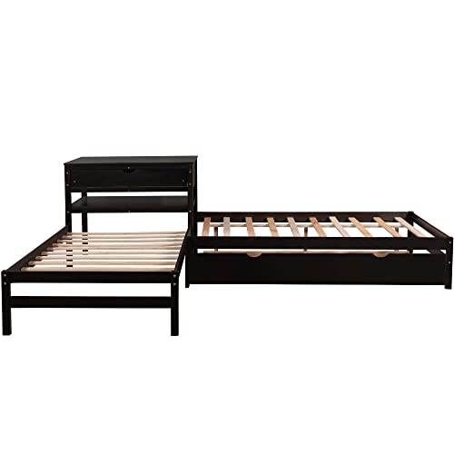 Lepfun L Shaped Platform Bed With Trundle And Drawers, Wooden Twin And Full Corner Bed Frame Linked With Built-In Desk For 3 People, Espresso #TOP4