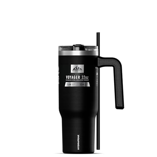 Image of Hydrapeak Voyager 32 oz Tumbler with Handle and Straw Lid | Reusable Stainless Steel Water Bottle Travel Mug Cupholder Friendly | Insulated Cup (Black)