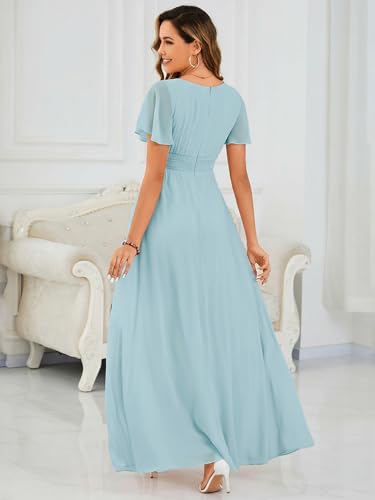 Image of Ever-Pretty Women's Spring Elegant Round Neck Short Sleeve Chiffon Empire Waist Floor Length Formal Dresses Bridesmaid Dress