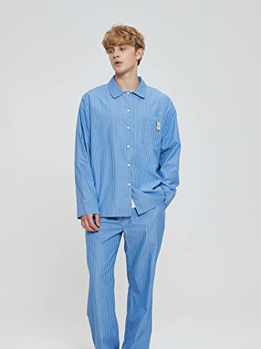7 VEILS Mens Natural Lyocell Cotton Long Sleeve Pajamas Set Button Down Loungewear Sleepwear Striped Pjs Set4