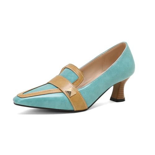 Women's Stacked Kitten Low Heel Studded Loafers,Ladies Fashion Dressy Casual Business Office Pointed Toe Slip on Comfortable Memory Foam Vintage Holiday Going Out Shoe (Blue,7.5)