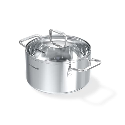 SUNHOUSE 6 QT Fully Clad Tri-ply Stainless Steel Stock Pot with Glass Lid