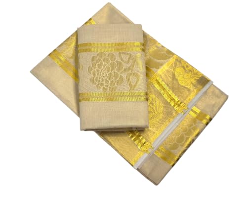 Image of Womens Kuthampully Set Mundu With Golden & Stripes Kara
