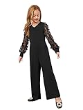WDIRARA Girl's Floral Appliques Mesh Long Sleeve V Neck Wide Leg Casual Birthday Party Jumpsuits Black 11-12Y