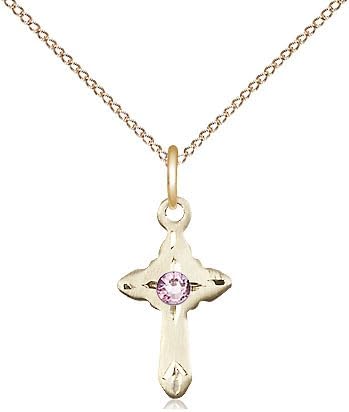 14kt Gold Filled Cross Pendant with a 3mm Light Faux Amethyst Purple Austrian Crystal stone on a 18 inch Gold Filled Light Curb Chain.