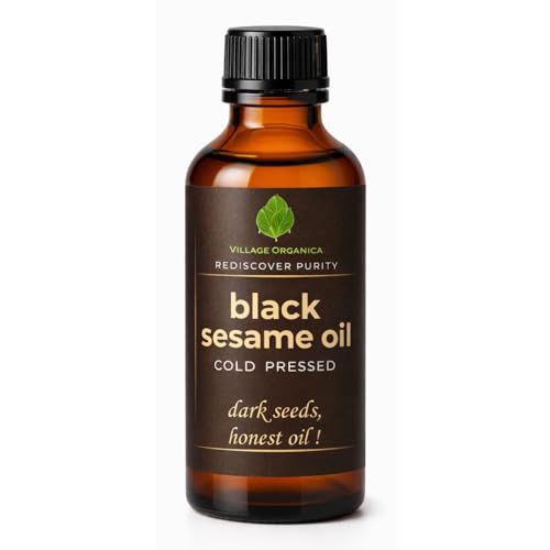 Image of Village-Organica Black Sesame Seed Oil | Cold Pressed Oil | Gingelly Oil | For Body | For Hair | For Cooking (100ml)| Amber Glass bottle |