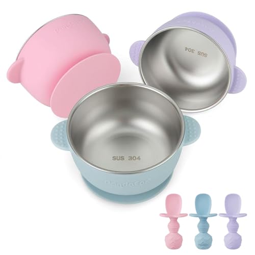 PandaEar 3er Set Edelstahl-Saugschüsseln mit 3 Silikonlöffeln | Rutschfeste Schüsseln & Silikonlöffel mit Anschlag | BPA-freies Esslern-Set