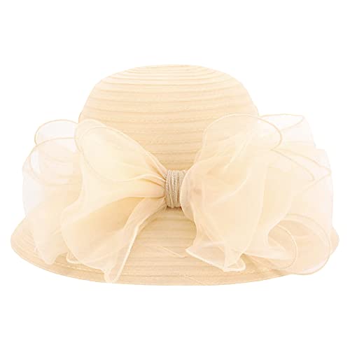 Haoohu Women's Church Derby Hat Wide Brim Bow Bucket Hat Wedding Dress Hat Fascinator Bridal Tea Party Hat Beige #TOP1