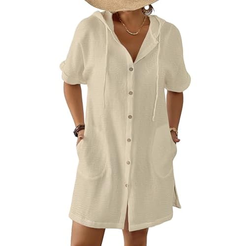 Bsubseach Womens Swimsuit Cover Up Shirt Button Down Short Sleeve Bathingsuit Coverups Hooded Beach Coverup With Pockets Apricot X-Large