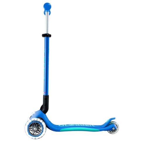 GLOBBER Primo Foldable Plus Lights Roller - Tretroller Kinder ab 3 Jahre - Scooter 120/80 mm - ABEC 5, 3-r&auml;drig mit LED Rollen - h&ouml;henverstellbar - dunkelblau-t&uuml;rkis