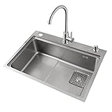 HGTRH Fregadero INOX con Escurridor,Fregadero De Cocina Barato Grifos Cocina Fregadero De Acero Inoxidable con 1 Agujero Desagüe Derecha Y Tubo Rebosadero sobre Encimera, Bajo Encimera O Enrasado