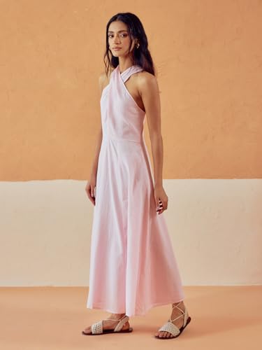 Image of FIORRA Women's Light Pink Solid Linen Maxi Dress