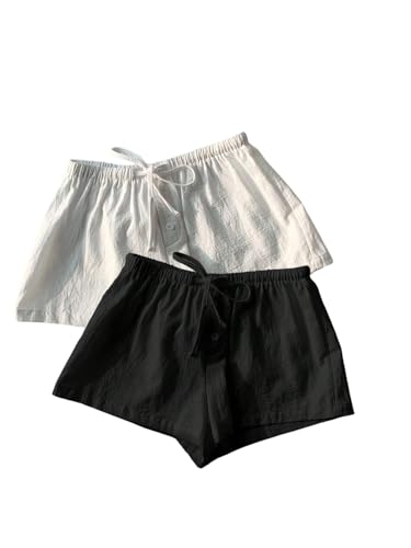 Image of MakeMeChic Women's 2 Pack Linen Shorts Striped Gingham Summer Beach Pajama Boxer Shorts