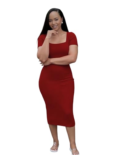Image of TOPSRANI Women Sexy Midi Dress Bodycon Casual Sleeveless Basic Ruched Tank Summer Club Party Dresses